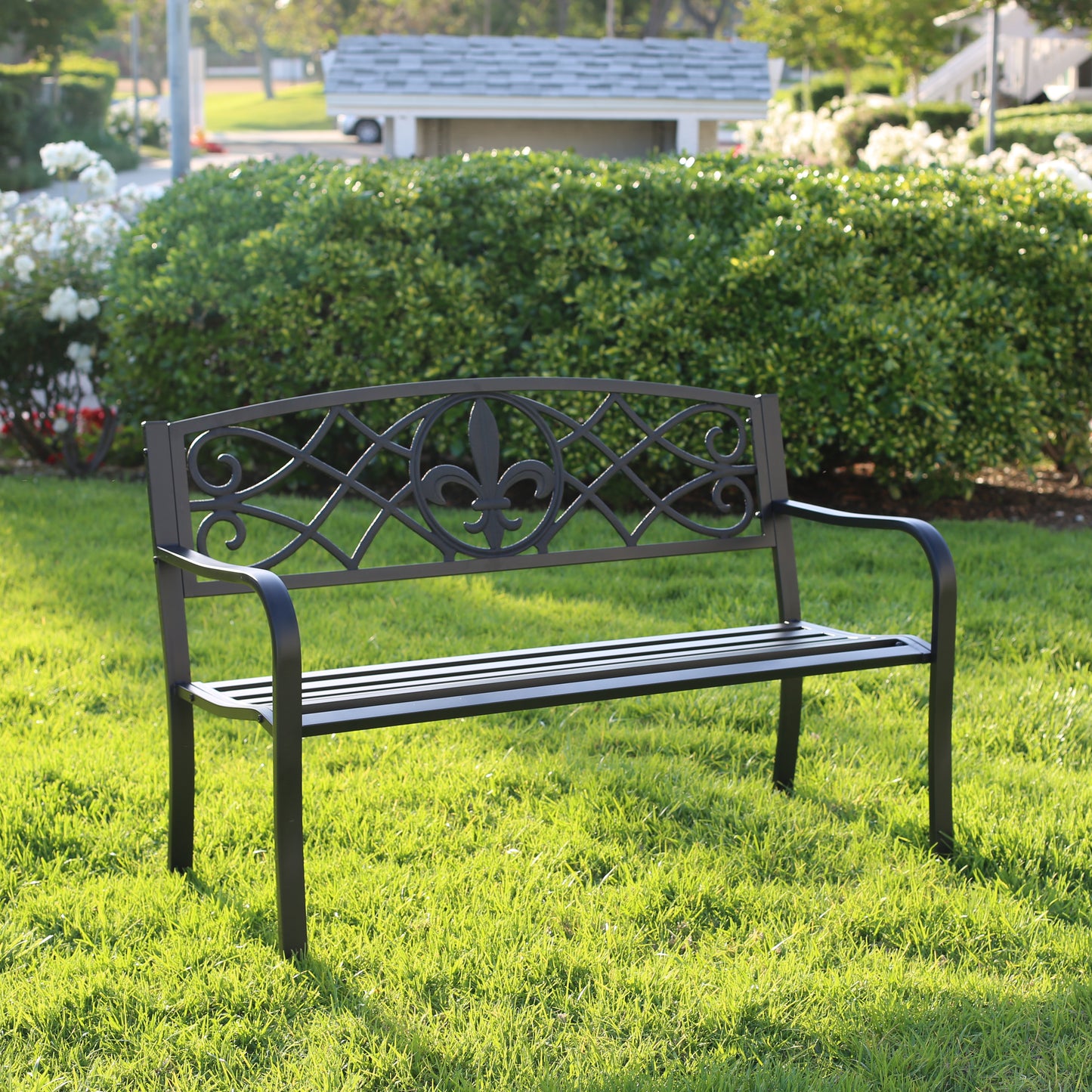 Heavy-Duty Outdoor Steel Bench 50 Inch Matte Black Garden Bench