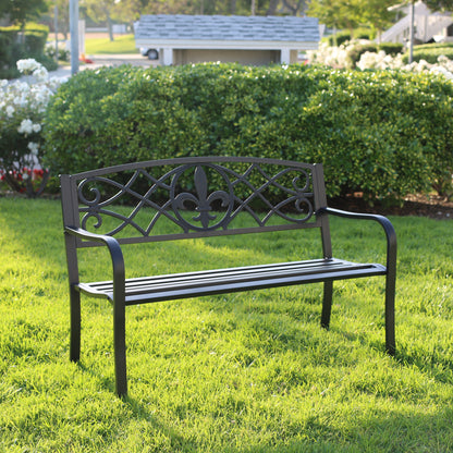 Heavy-Duty Outdoor Steel Bench 50 Inch Matte Black Garden Bench