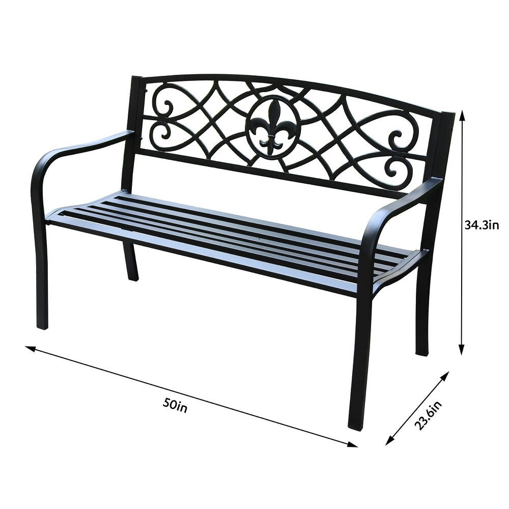 Heavy-Duty Outdoor Steel Bench 50 Inch Matte Black Garden Bench