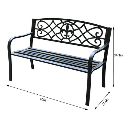 Heavy-Duty Outdoor Steel Bench 50 Inch Matte Black Garden Bench