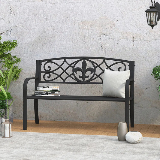 Heavy-Duty Outdoor Steel Bench 50 Inch Matte Black Garden Bench