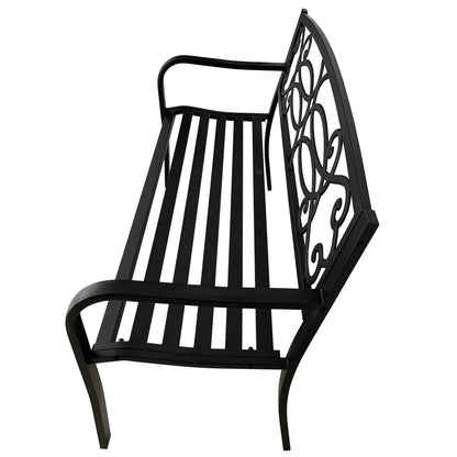 50” Outdoor Matte Black Metal Garden Bench with Backrest, Patio Seating