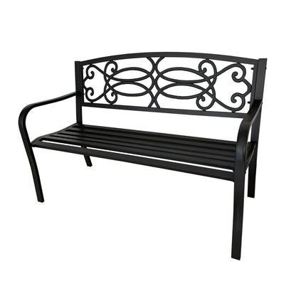 50” Outdoor Matte Black Metal Garden Bench with Backrest, Patio Seating