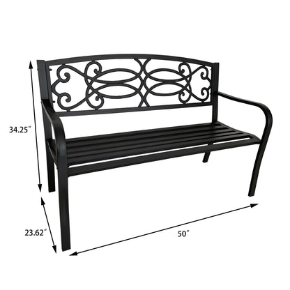 50” Outdoor Matte Black Metal Garden Bench with Backrest, Patio Seating