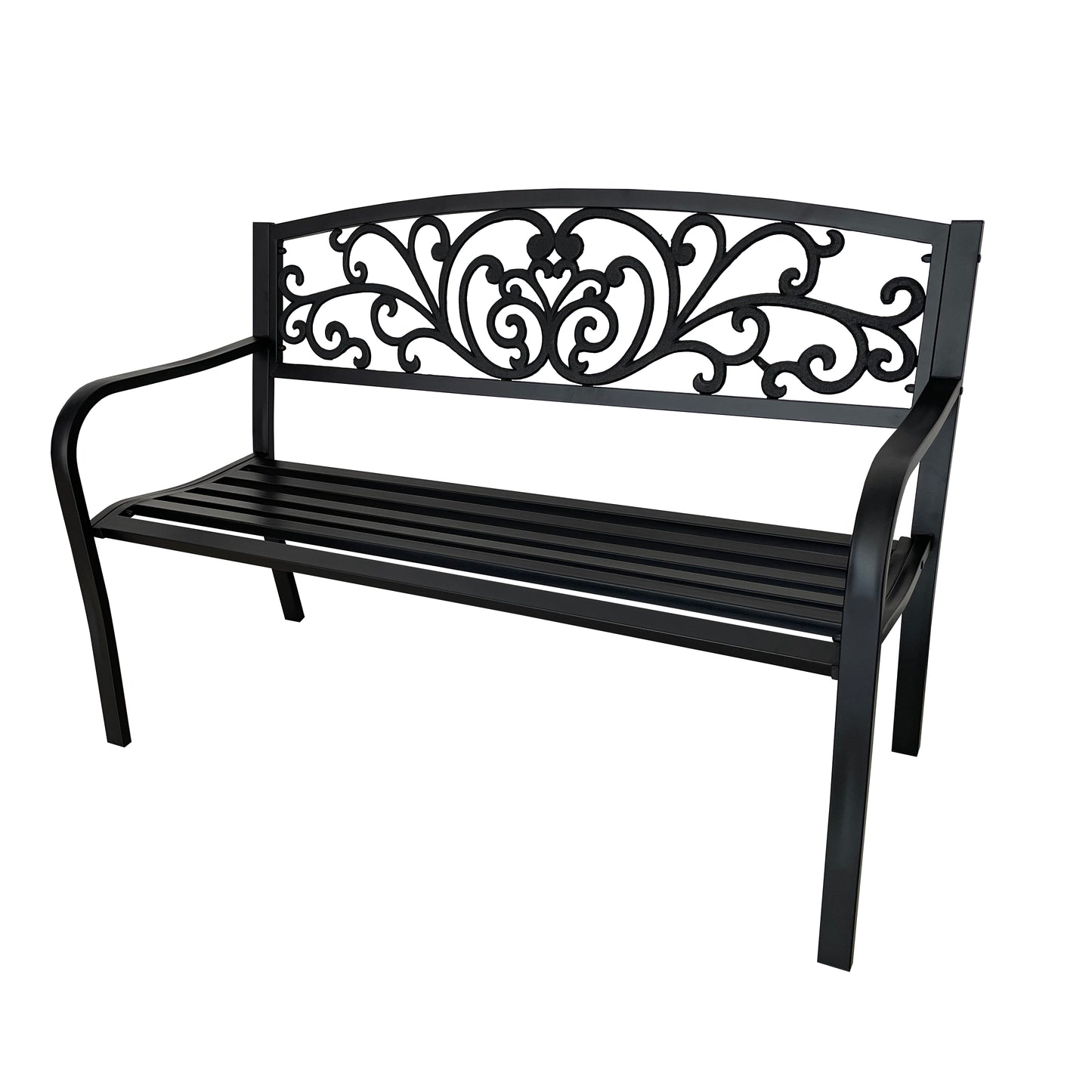 50" Outdoor Garden Bench with Decorative Backrest, Metal Patio Bench for Yard, Porch and Garden