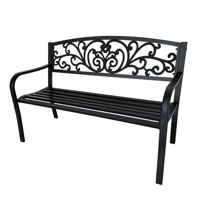 50" Outdoor Garden Bench with Decorative Backrest, Metal Patio Bench for Yard, Porch and Garden