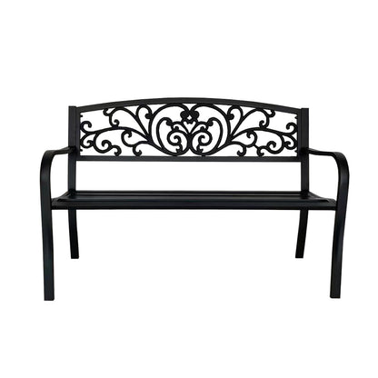 50" Outdoor Garden Bench with Decorative Backrest, Metal Patio Bench for Yard, Porch and Garden