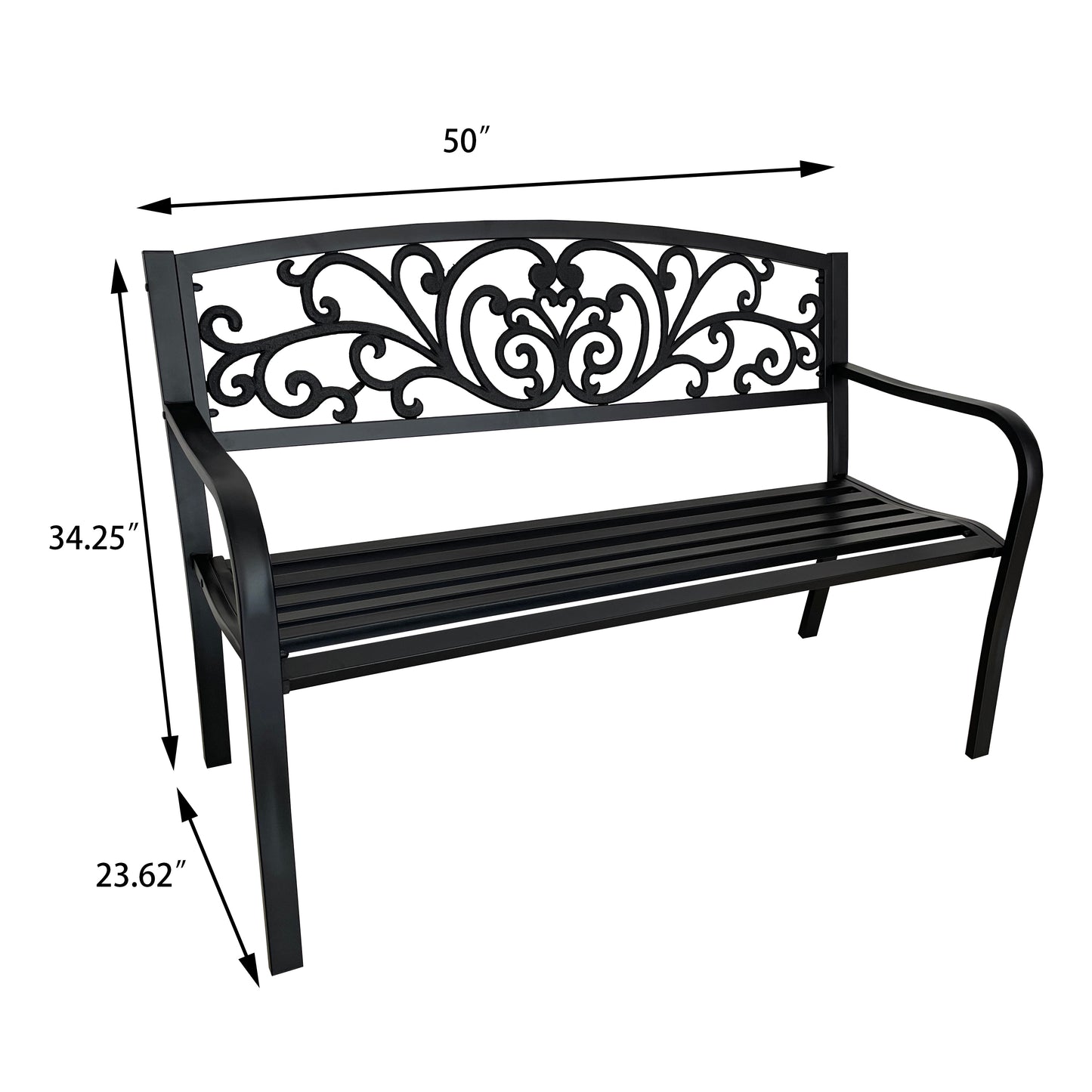 50" Outdoor Garden Bench with Decorative Backrest, Metal Patio Bench for Yard, Porch and Garden