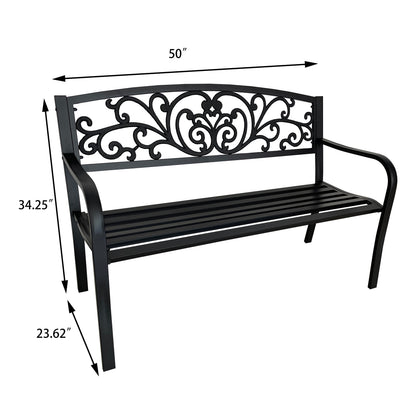 50" Outdoor Garden Bench with Decorative Backrest, Metal Patio Bench for Yard, Porch and Garden
