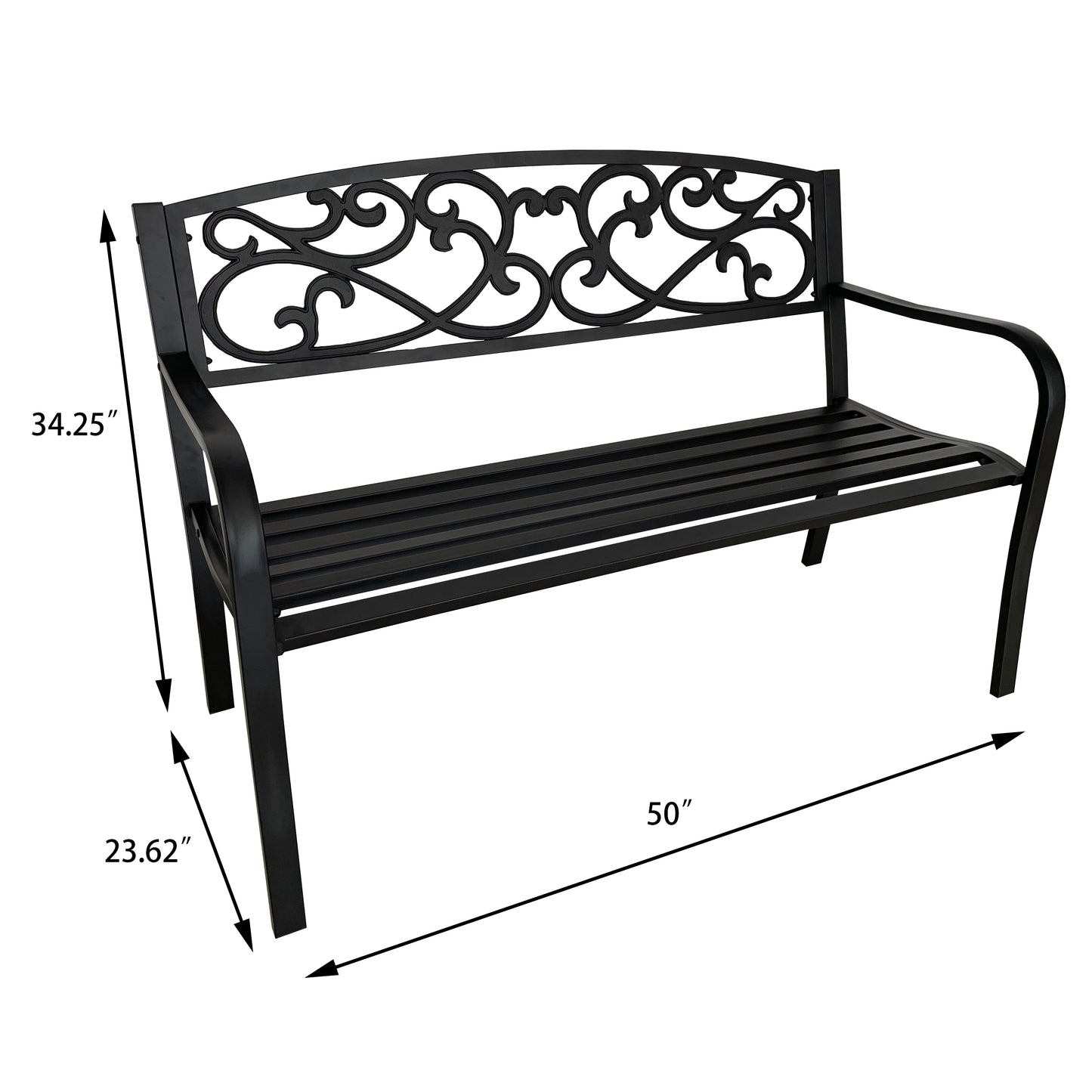 50" Outdoor Metal Garden Bench with Decorative Scroll Backrest, Patio Bench for Yard, Porch and Garden