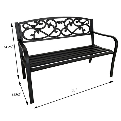 50" Outdoor Metal Garden Bench with Decorative Scroll Backrest, Patio Bench for Yard, Porch and Garden