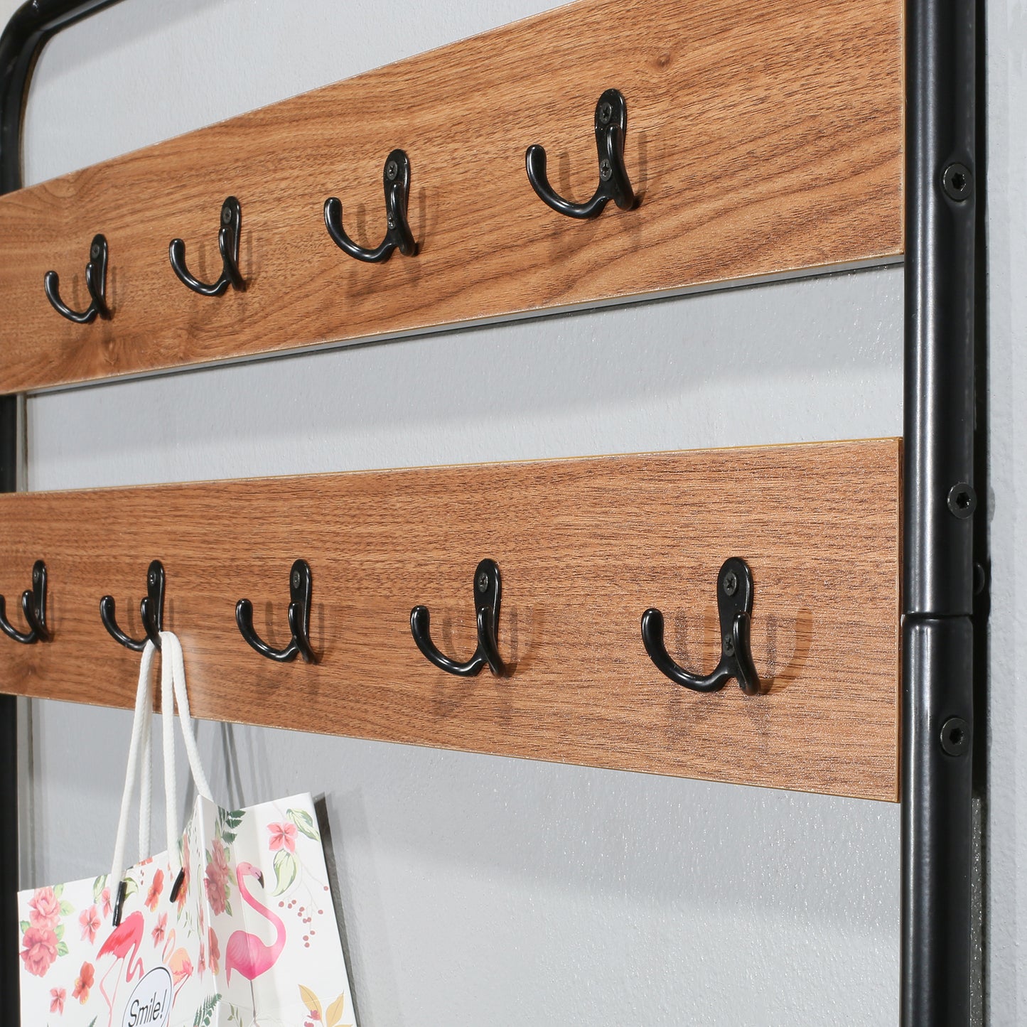 31.5" Entryway Hall Tree with Bench, Coat Rack with Shoe Storage and Double Hooks, Wood Metal Organizer in Walnut Finish