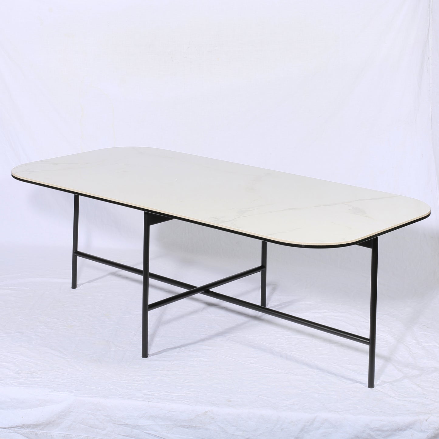 Modern Coffee Table with White Ceramic Top and  Black Metal Frame for Living Room
