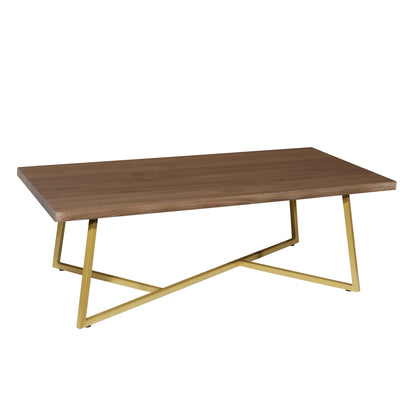 47.2" Modern Coffee Table with Gold Metal Base, Brown MDF Rectangular Center Table for Living Room