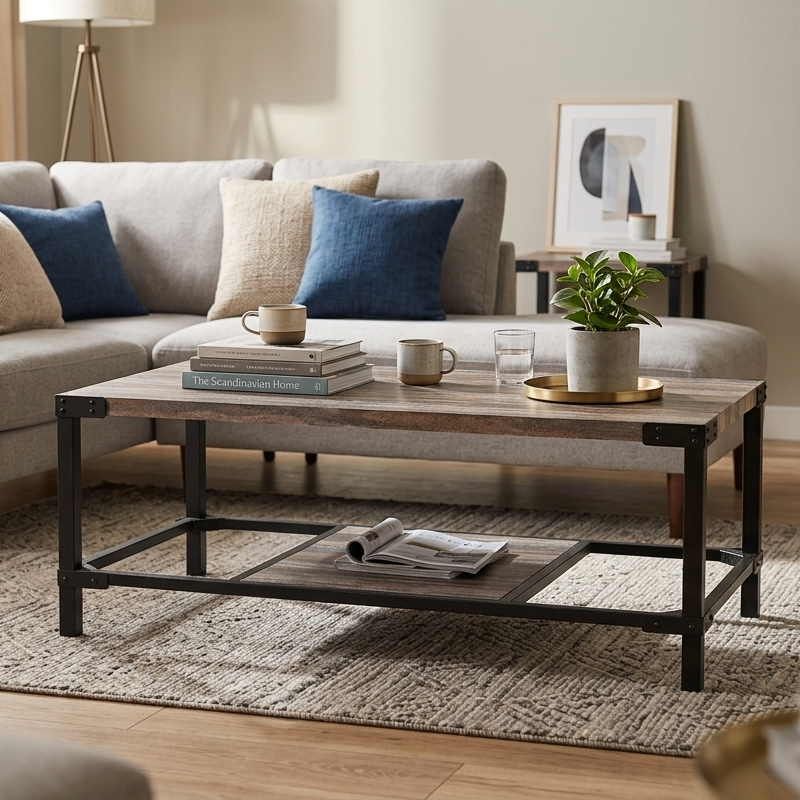 45.7" Industrial Coffee Table with Storage Shelf, Rustic Wood Living Room Table with Metal Frame, Modern Center Table