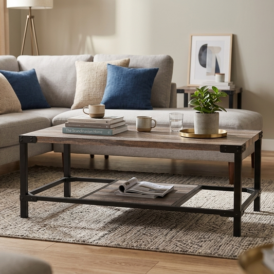45.7" Industrial Coffee Table with Storage Shelf, Rustic Wood Living Room Table with Metal Frame, Modern Center Table