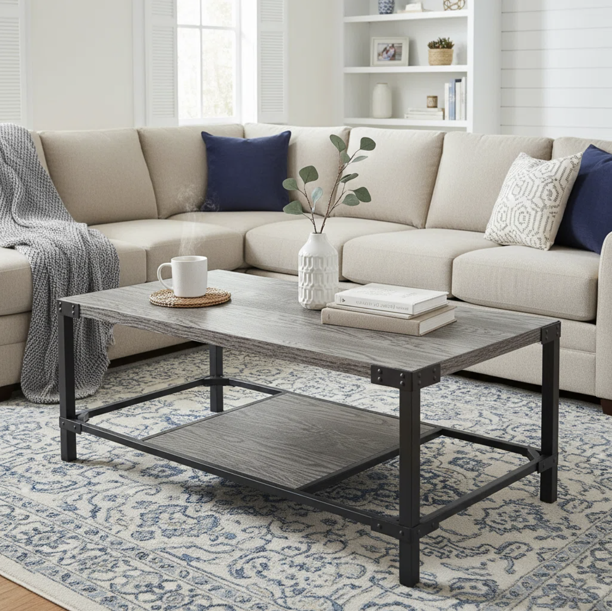 Rectangular Gray Oak MDF Wood Coffee Table with Lower Shelf
