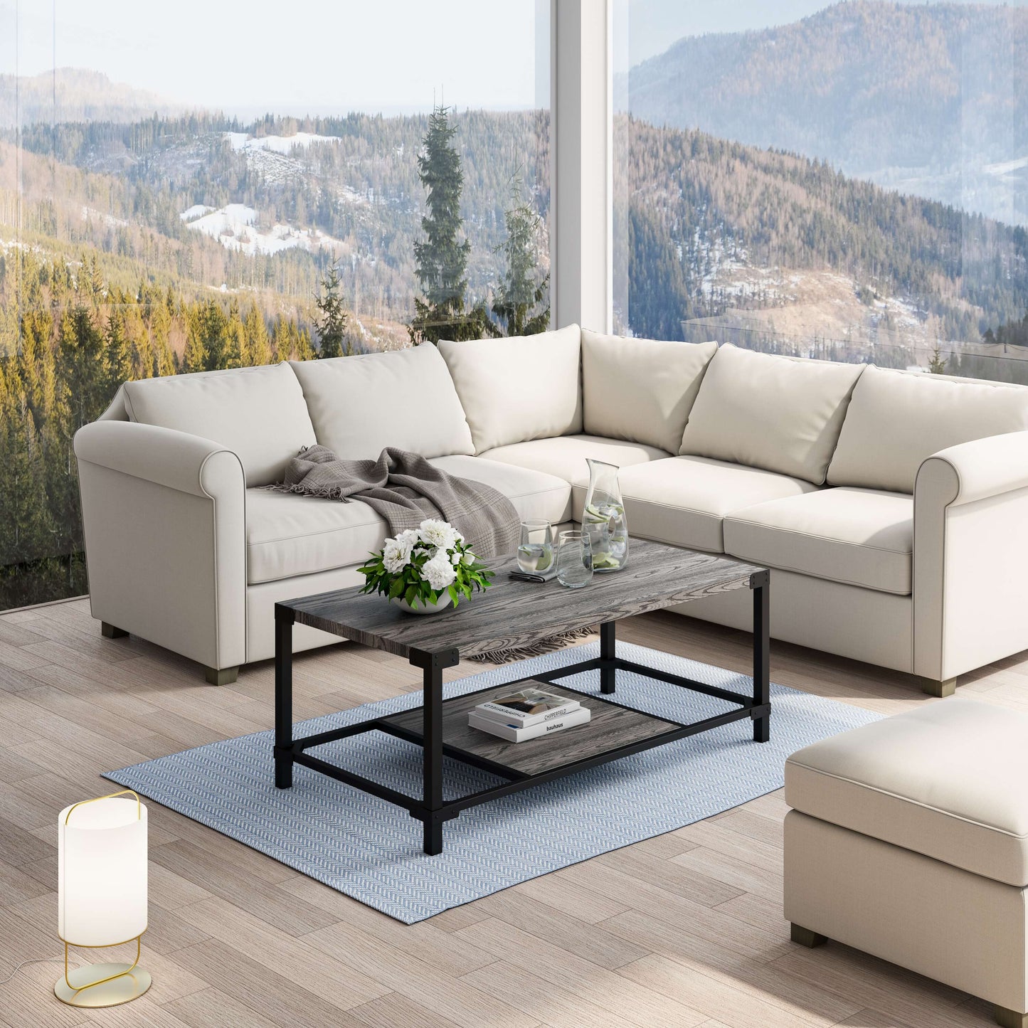 Rectangular Gray Oak MDF Wood Coffee Table with Lower Shelf