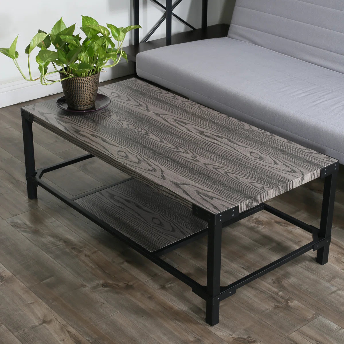 Rectangular Gray Oak MDF Wood Coffee Table with Lower Shelf