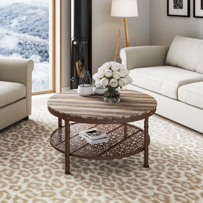 Contemporary Round Coffee Table with Patterned Metal Shelf