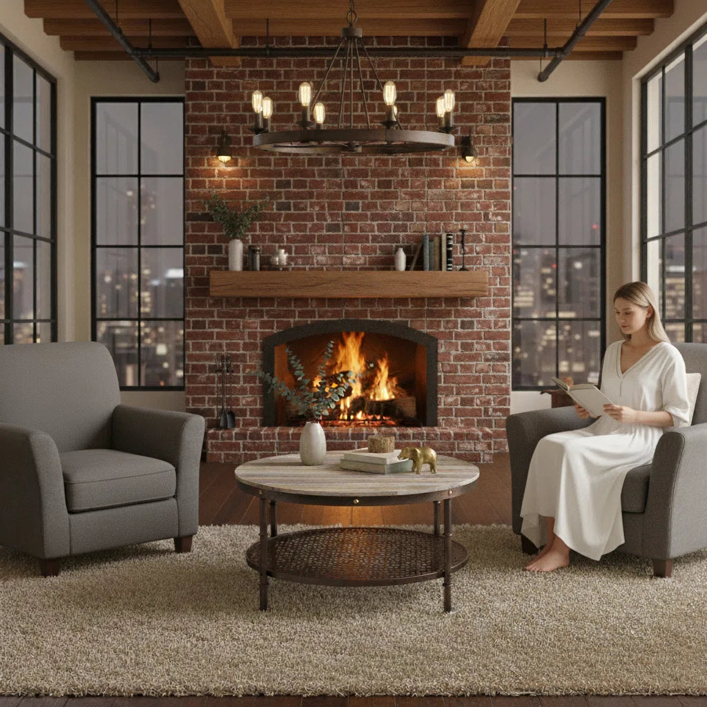 Contemporary Round Coffee Table with Patterned Metal Shelf