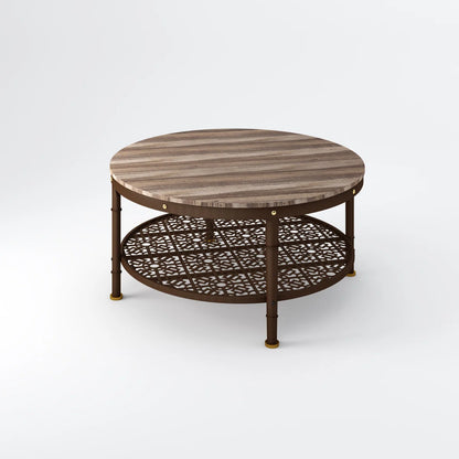 Contemporary Round Coffee Table with Patterned Metal Shelf