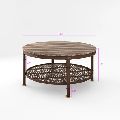 Contemporary Round Coffee Table with Patterned Metal Shelf