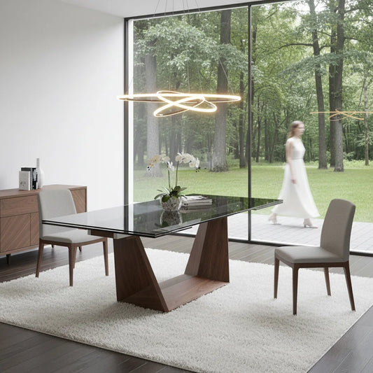 Contemporary Extendable Smoked Tempered Glass Dining Table with Sculptural Angled Wood Pedestal Base, Seats 6–10