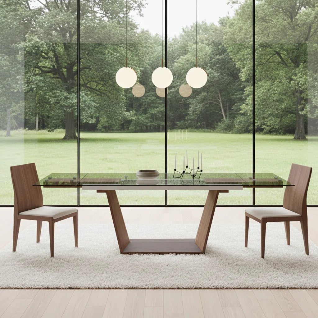 106" Modern Extendable Glass Dining Table with Walnut Wood Pedestal Base, Seats 6–10