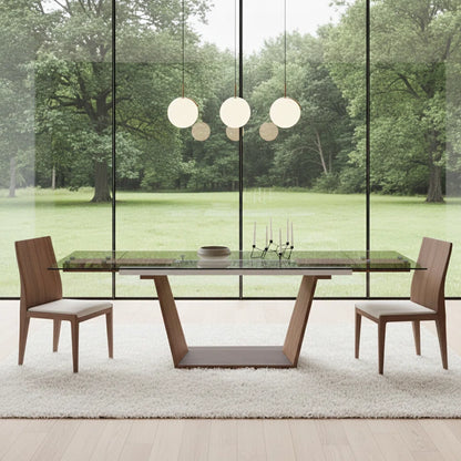 106" Modern Extendable Glass Dining Table with Walnut Wood Pedestal Base, Seats 6–10