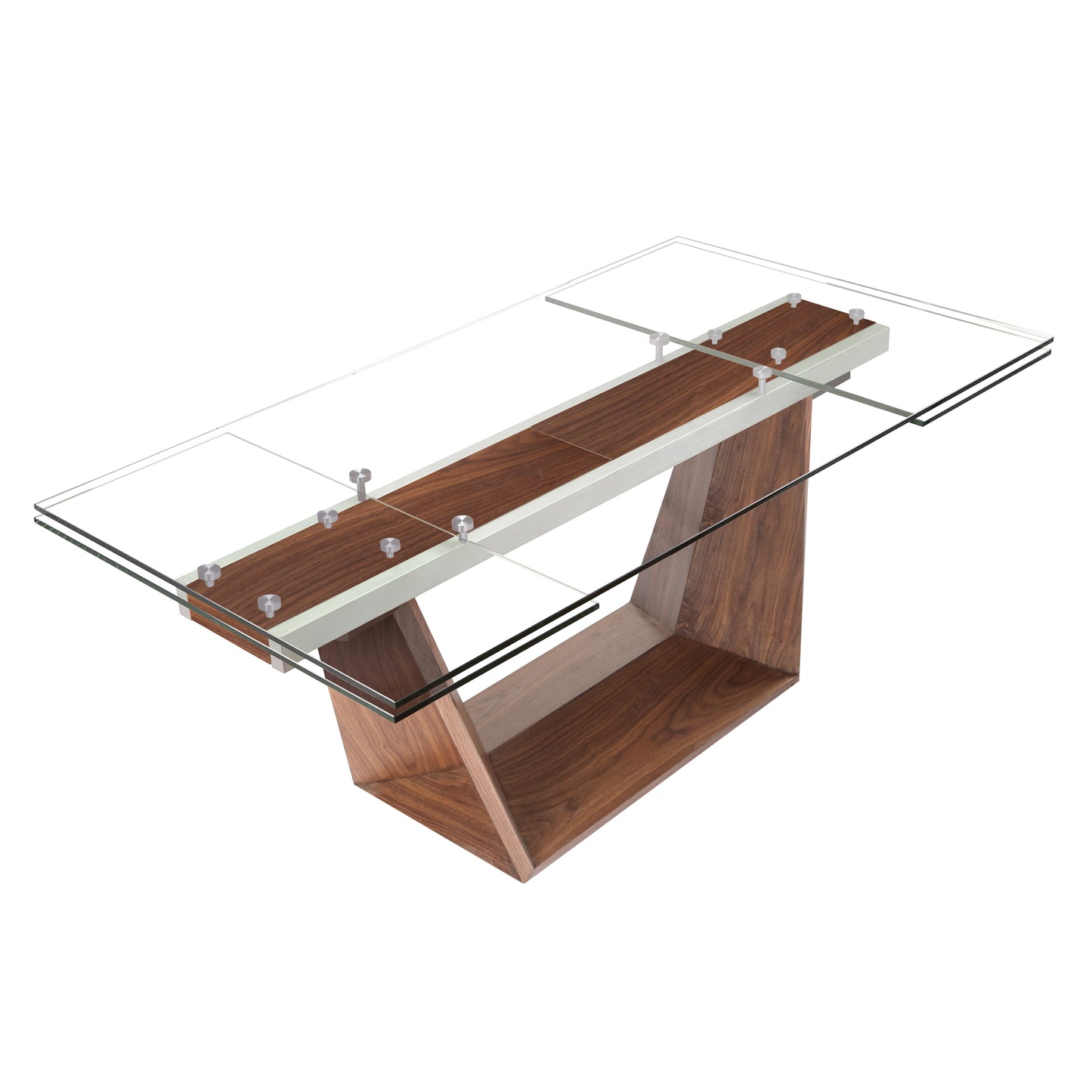 106" Modern Extendable Glass Dining Table with Walnut Wood Pedestal Base, Seats 6–10