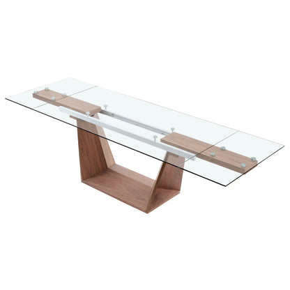 106" Modern Extendable Glass Dining Table with Walnut Wood Pedestal Base, Seats 6–10