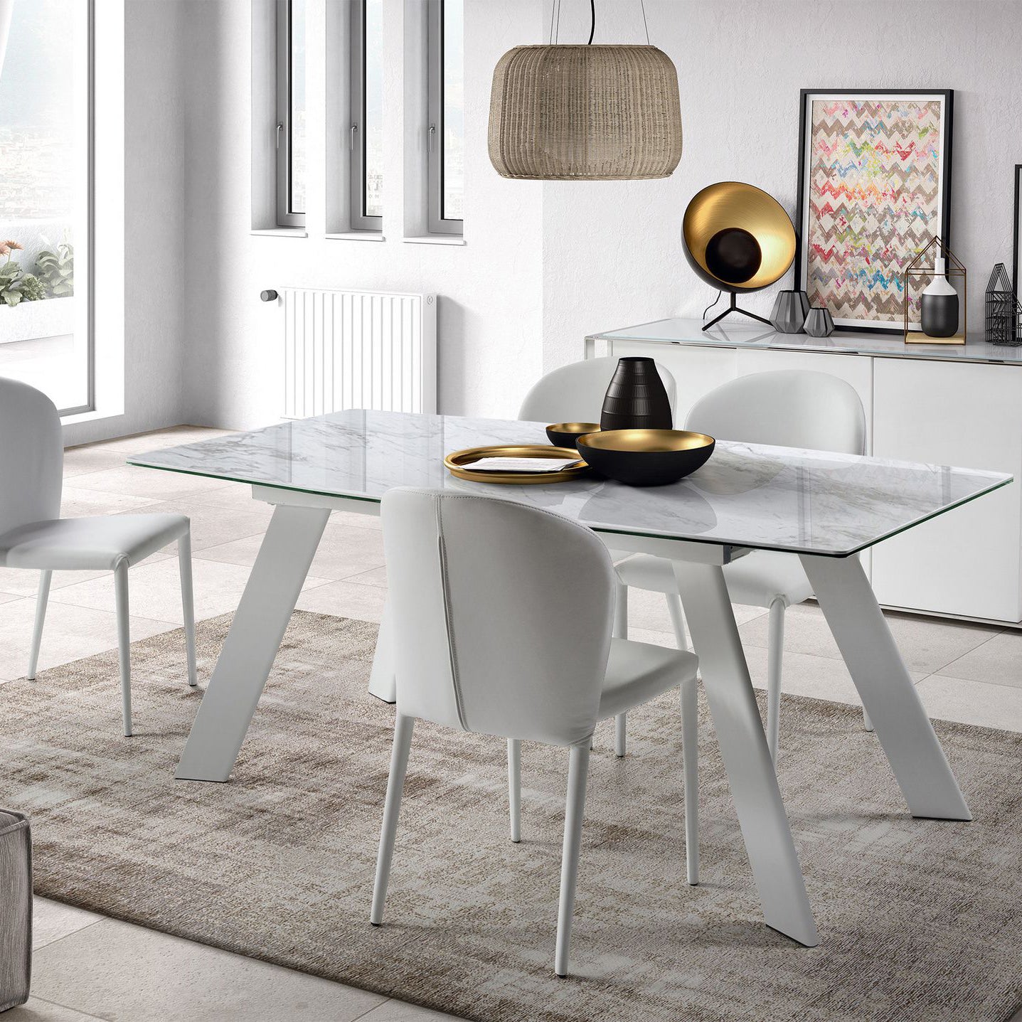 Modern White Marble Extendable Dining Table with Tempered Glass Top and Metal Legs