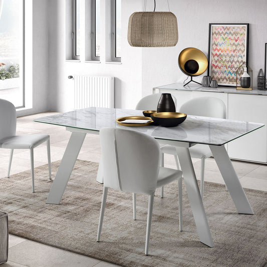 Modern White Marble Extendable Dining Table with Tempered Glass Top and Metal Legs