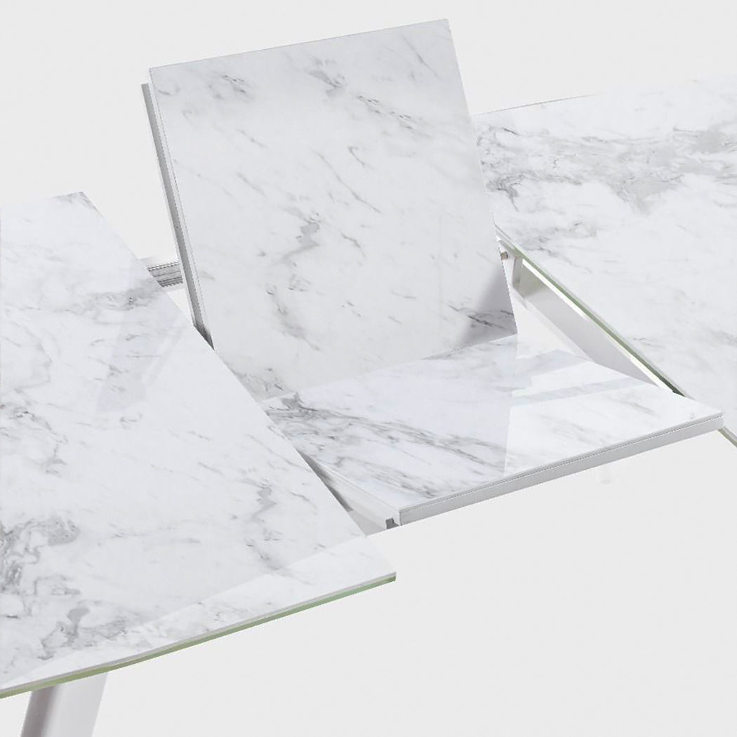 Modern White Marble Extendable Dining Table with Tempered Glass Top and Metal Legs