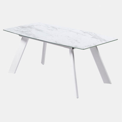 Modern White Marble Extendable Dining Table with Tempered Glass Top and Metal Legs