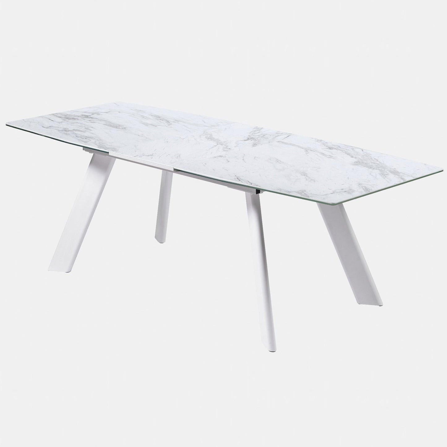 Modern White Marble Extendable Dining Table with Tempered Glass Top and Metal Legs