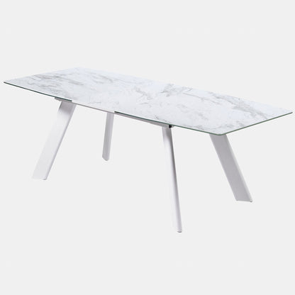 Modern White Marble Extendable Dining Table with Tempered Glass Top and Metal Legs