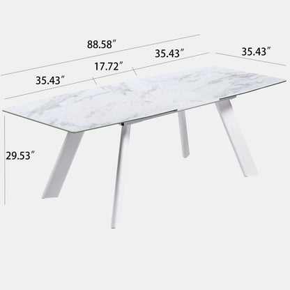 Modern White Marble Extendable Dining Table with Tempered Glass Top and Metal Legs