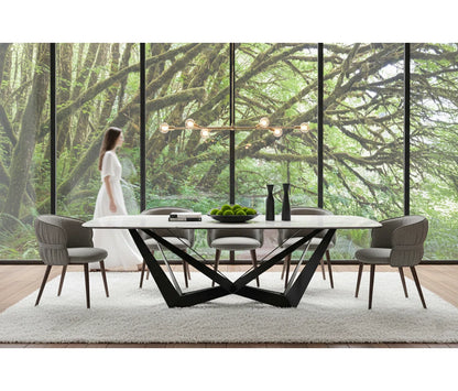 94.5" Modern White Marble Ceramic Dining Table with Black Geometric Metal Base