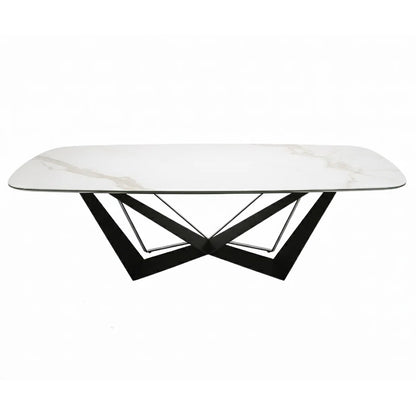 94.5" Modern White Marble Ceramic Dining Table with Black Geometric Metal Base