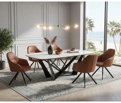 94.5" Modern White Marble Ceramic Dining Table with Black Geometric Metal Base