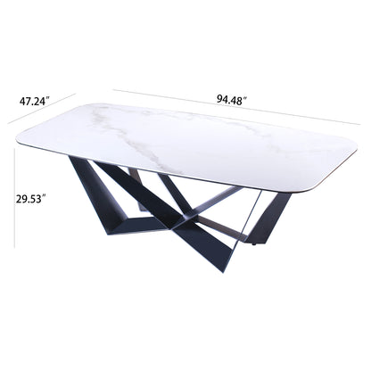 94.5" Modern White Marble Ceramic Dining Table with Black Geometric Metal Base
