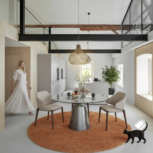 53" Modern Round Tempered Glass Dining Table with Polished Stainless Steel Pedestal Base