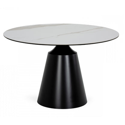 47" Round Marble-Effect Ceramic Dining Table with Black Pedestal Base