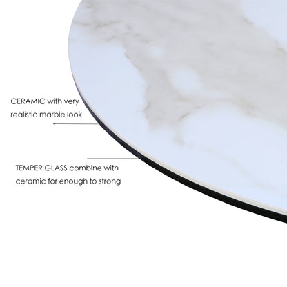 47" Round Marble-Effect Ceramic Dining Table with Black Pedestal Base