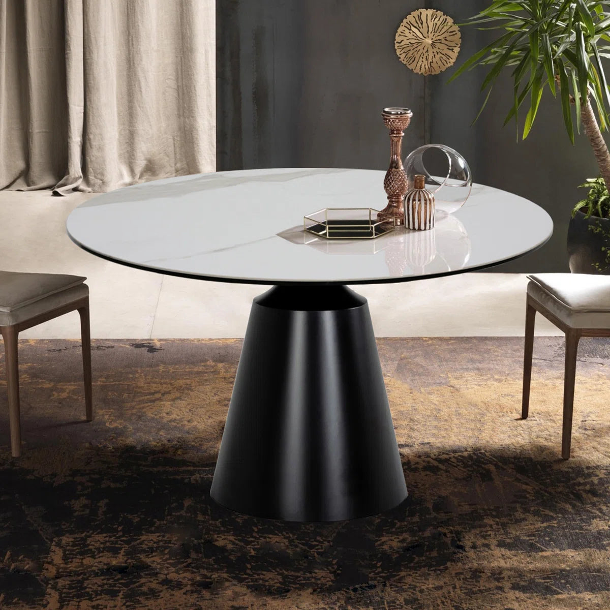 47" Round Marble-Effect Ceramic Dining Table with Black Pedestal Base
