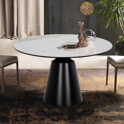 47" Round Marble-Effect Ceramic Dining Table with Black Pedestal Base
