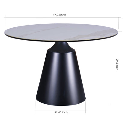 47" Round Marble-Effect Ceramic Dining Table with Black Pedestal Base