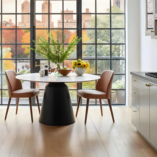 47" Round Marble-Effect Ceramic Dining Table with Black Pedestal Base